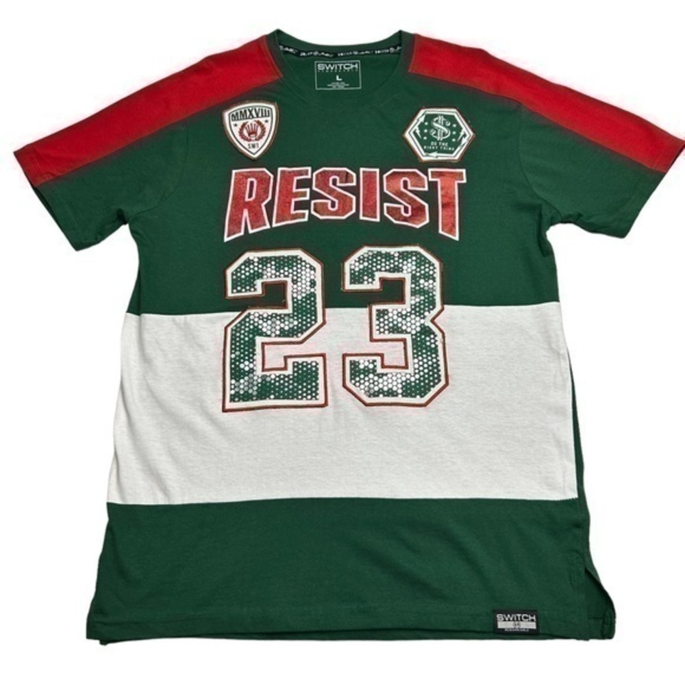 Switch Mens Graphic Shirt Embroidered Patches Green Red Short Sleeve Crewneck L
